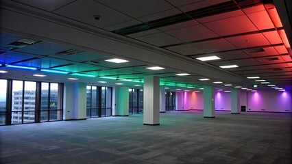Obraz premium Dark and empty office space with colorful lighting, edgy ambiance, contemporary style, neon accents
