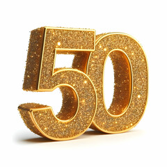 Golden 3d number 50 in glitter texture isolated on white background