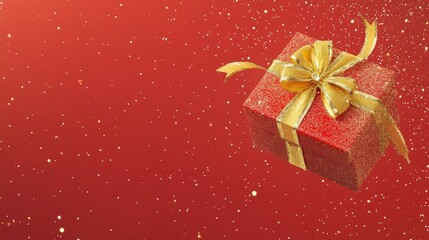 Fototapeta premium Sparkling red and gold gift box adorned with ribbons, set against a festive background, perfect for winter holiday banners and seasonal celebrations.