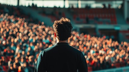 Individual addressing a passionate crowd at a soccer match, exuding energy and excitement. The scene captures a vibrant atmosphere in a sports arena.