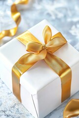 Elegant gift with golden ribbon on textured background