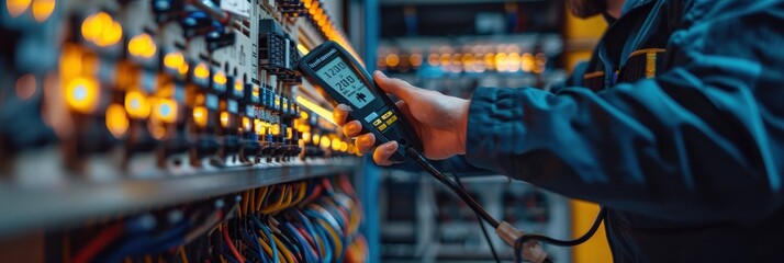 Electrician Checking Electrical Panel with Digital Multimeter