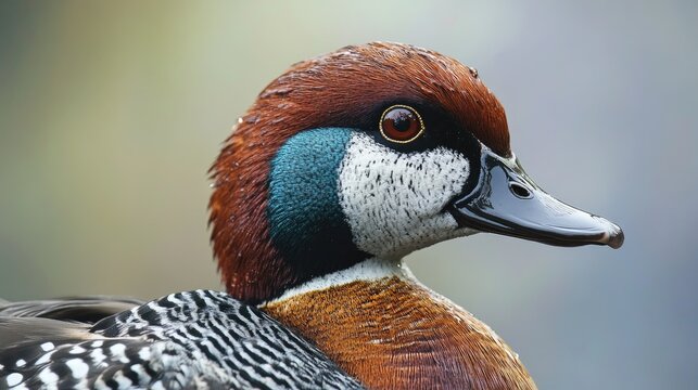 Close-up of a male Garganey duck showcasing vibrant plumage with striking blue and chestnut tones and distinctive head patterns.