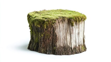 Mossy wooden stump with a lush green covering on a bright white background, emphasizing a nature-inspired and eco-friendly theme.