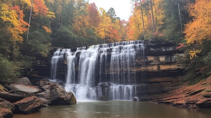 Majestic waterfall cascading through colorful autumn foliage surrounded by dense trees and rocky formations.