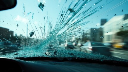 Close-up view of a shattered car windshield showing vibrant blue sky and blurred movement of cars, capturing a dramatic perspective from inside the vehicle.