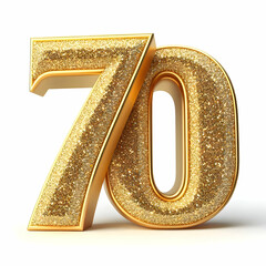 Golden 3d number 70 in glitter texture isolated on white background