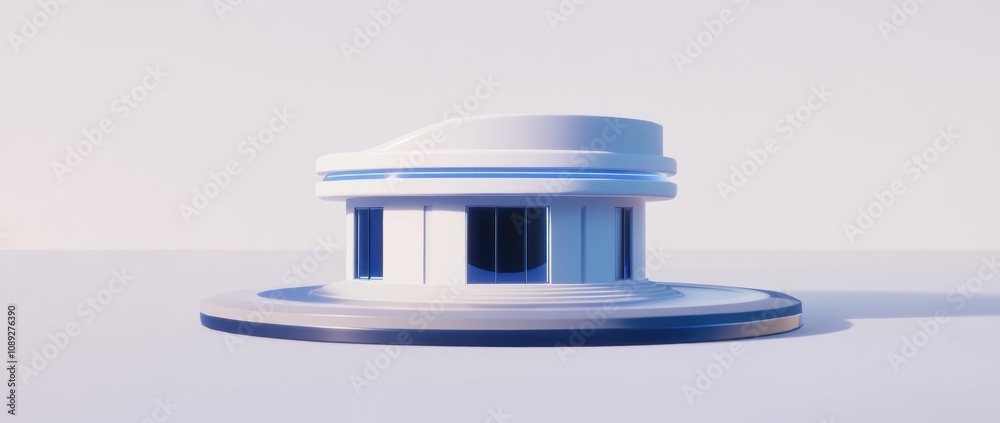 Poster a modern, stylized building with a circular base and a smooth, curved roof design.