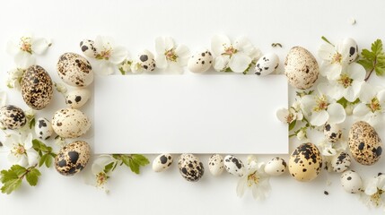 Easter banner with quail eggs and white flowers surrounding a blank paper, set against a white background for Spring holiday celebrations.