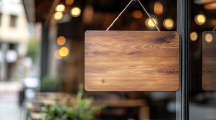 Wooden signboard hanging on glass door with blurred bokeh lights in a modern cafe, perfect for marketing messages for small businesses.