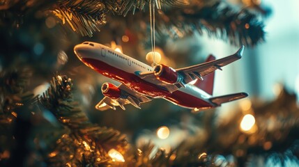 Christmas tree adorned with a colorful airplane ornament, capturing holiday spirit and travel vibes with glowing lights in the backdrop.