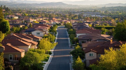 Obraz premium Residential Neighborhood with Expansive Views of Homes, Tree-Lined Streets, and Rolling Hills Under a Clear Sky