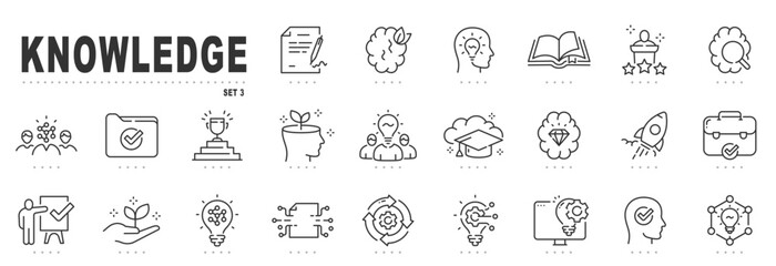 Set of knowledge related line icons. Education, brain, memory, learning etc. Editable stroke. Set 3