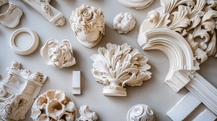 Artisan-Crafted Gypsum Molds and Decor Items Displayed Aerially Showcasing Intricate Designs for DIY Interior Projects and Hobby Activities