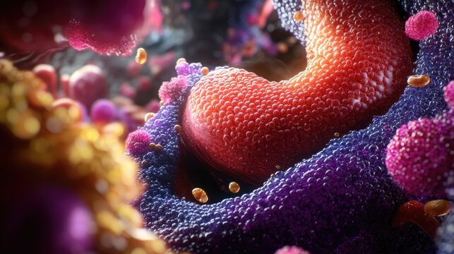 Detailed depiction of pancreas structure highlighting its role in digestion and hormone regulation, emphasizing insulin's function in blood sugar control and its links to diabetes and cancer.