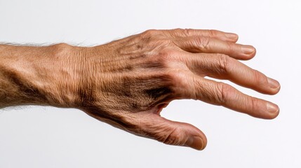 Aged male hand showcasing five fingers in a relaxed position against a smooth white backdrop, highlighting skin texture and fine details.