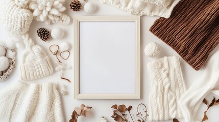 Gender-neutral baby clothing accessories and blank frame arranged with organic cotton items, showcasing cozy textures and soft colors in a flat lay composition.