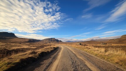 Fototapeta premium Deserted gravel road winding through golden grasslands under a vast blue sky adorned with fluffy white clouds and distant mountains.