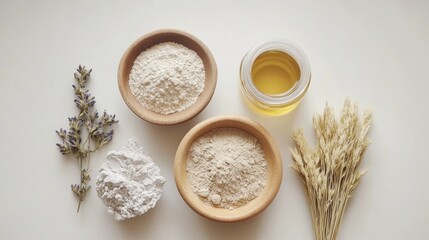Eco-friendly facial mask ingredients displayed in wooden bowls, featuring herbal elements and natural oils on a light background in a clean flat lay arrangement.
