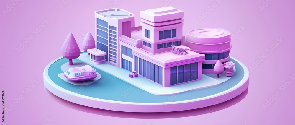 Poster a stylized modern building complex with trees and water features in a vibrant pink hue.
