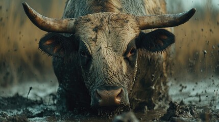 Close-up of a powerful bull in muddy terrain, highlighting its impressive physique and dominance in a natural landscape filled with wet earth.