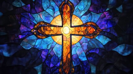 Stained glass depiction of a cross, centered with radiant light and intricate blue and purple patterns, embodying faith.