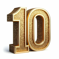 Golden 3d number 10 in glitter texture isolated on white background 