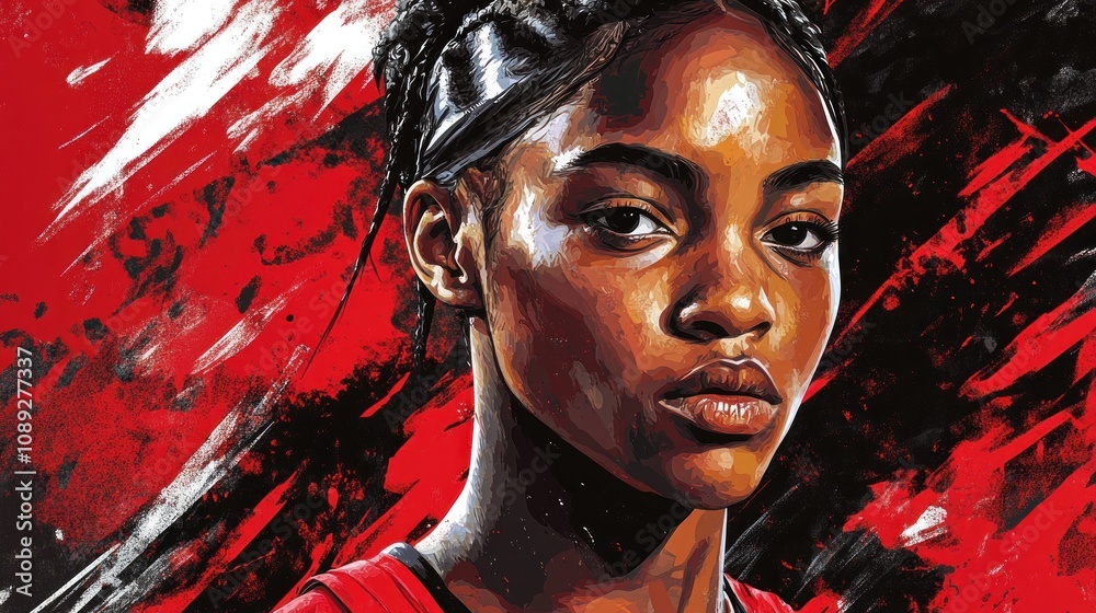 Poster a digital portrait of a female basketball player with a dynamic background.