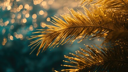Close-up of glimmering golden palm fronds swaying gently above a tranquil ocean, reflecting shimmering light against a serene watery backdrop.