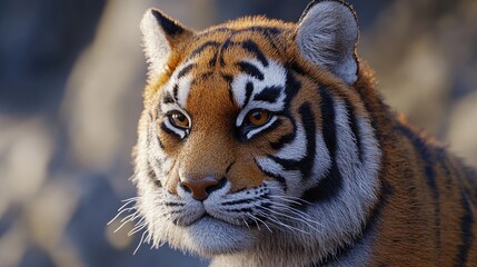 Fototapeta premium Close-up of a majestic wild tiger's face showcasing its distinctive orange fur, bold black stripes, and piercing amber eyes against a natural backdrop.