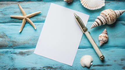 Blank paper placed on a blue pastel surface surrounded by seashells and a starfish, evoking a coastal theme perfect for beach-inspired holiday notes.