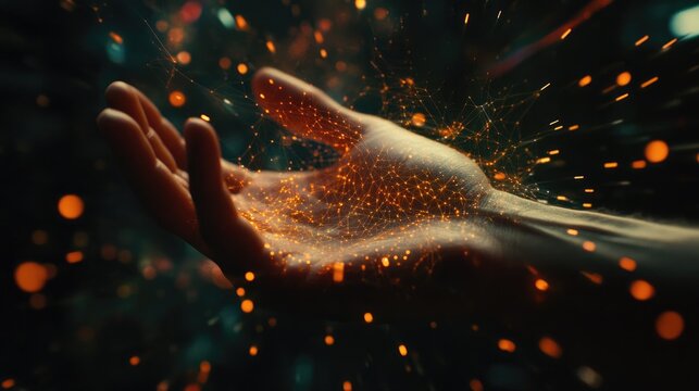 Dynamic hand reaching out amidst a vivid burst of glowing data particles, symbolizing data processing and vibrant network connections in a digital landscape.
