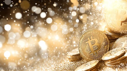 Golden Bitcoin coins glimmer amidst shimmering bokeh lights, symbolizing digital currency and financial innovation, capturing the essence of modern finance and cryptocurrency trend