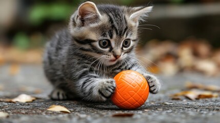 Curious gray tabby kitten playfully tumbling with an orange ball on a textured surface surrounded by scattered leaves.