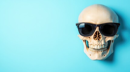 Cheerful human skull in sunglasses on a vivid blue background with space for text, perfect for social media advertising and captivating promotions.