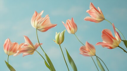 Delicate pink tulips of various sizes, both open and closed, gracefully sway against a serene blue sky, showcasing their vibrant blooms and buds.
