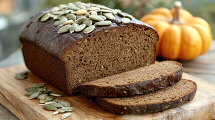 Buckwheat bread loaf topped with sunflower and pumpkin seeds, sliced on a wooden board with a decorative pumpkin in the background.