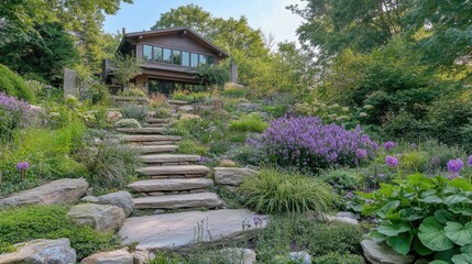 Serene garden landscape showcasing lush greenery, rocky steps, and blooming purple flowers creating a peaceful outdoor retreat for relaxation.