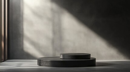 Obraz premium Modern abstract grey podium designed for product display, set against a minimalist blank wall with subtle backlighting and 3D rendering elements.
