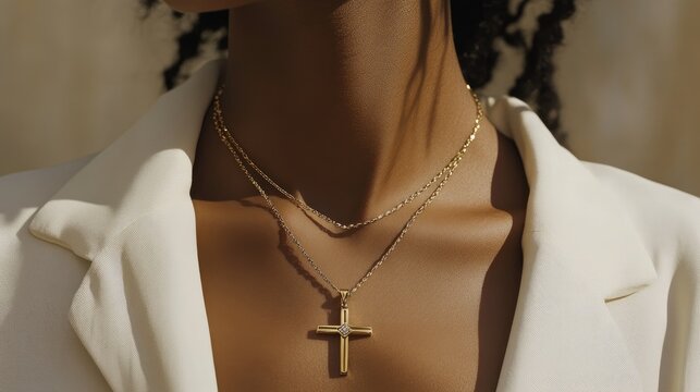Stylish gold cross pendant necklace layered elegantly on a model, highlighting its timeless grace and versatility as a chic accessory.