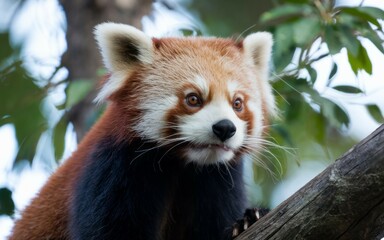 Red panda in tree. Adorable red panda perched on a branch, symbolizing peace and tranquility in nature.