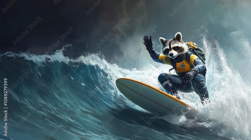 Wall mural A raccoon surfing on a wave, wearing a wetsuit and backpack, showcasing adventure and fun.