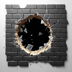 3d render, digital illustration, abstract broken black brick wall background, hole isolated ,...