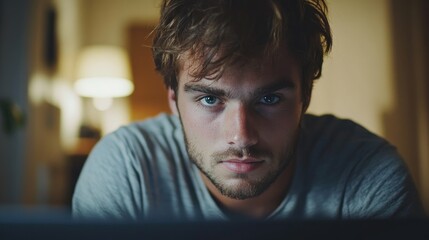 Fototapeta premium Intense Male Software Developer Concentrating on Coding with a Laptop in Dimly Lit Room