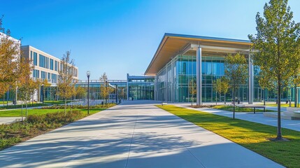 Innovative educational campus showcasing sleek glass buildings, greenery, and a bright blue sky, creating a dynamic and eco-friendly learning environment.