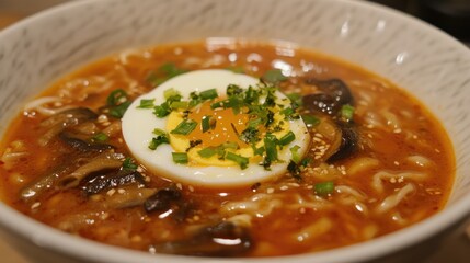 Hearty spicy noodle broth garnished with a soft-boiled egg, shiitake mushrooms, and fresh herbs in a textured bowl.