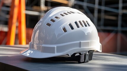 Close-up of a white safety helmet resting on a desk with reflective safety clothing, set against scaffolding to emphasize engineering and construction safety.