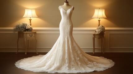 Elegant wedding dress on a mannequin in a luxurious bridal boutique, featuring intricate lace details and a soft silk train illuminated by warm lighting.