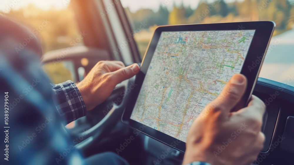 Poster A man's hands are shown using a tablet to navigate while driving.
