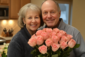 An elderly couple smiles warmly, holding a beautiful bouquet of soft pink roses. The cozy kitchen background.
